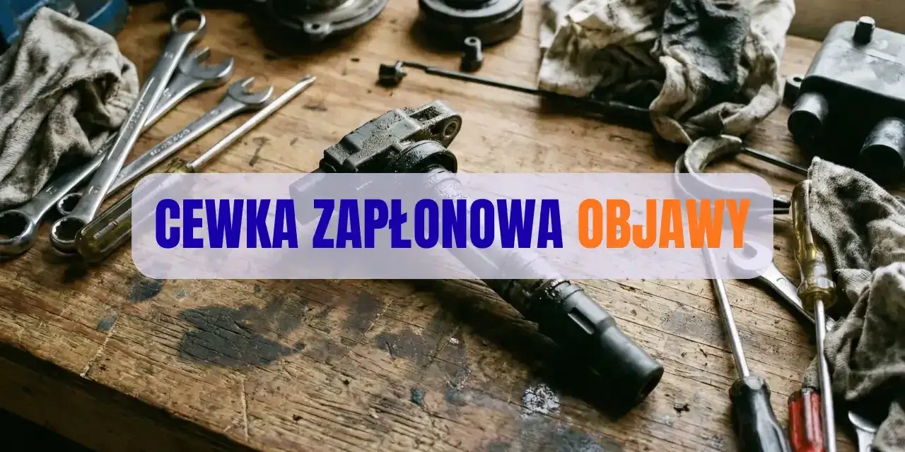Warsztat samochodowy z narzędziami i częściami. Na blacie leży cewka zapłonowa, a obok klucze i śrubokręty. Tekst: "CEWKA ZAPŁONOWA OBJAWY".