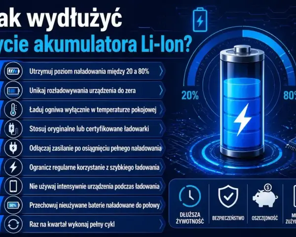 Wskazówki dotyczące ładowania akumulatora Li-Ion: utrzymuj poziom 20-80%, unikaj rozładowania do zera, używaj oryginalnych ładowarek.