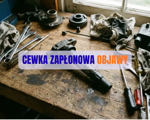 Warsztat samochodowy z narzędziami i częściami. Na blacie leży cewka zapłonowa, a obok klucze i śrubokręty. Tekst: "CEWKA ZAPŁONOWA OBJAWY".