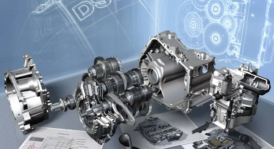 Rozłożony na części mechanizm DSG, schematy i dźwignia zmiany biegów. To obraz rewolucji w **power shift**.