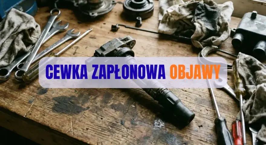 Warsztat samochodowy z narzędziami i częściami. Na blacie leży cewka zapłonowa, a obok klucze i śrubokręty. Tekst: "CEWKA ZAPŁONOWA OBJAWY".