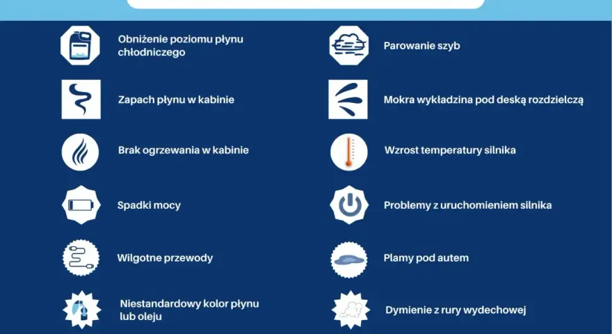 Objawy wycieku płynu chłodniczego: obniżony poziom, zapach w kabinie, parowanie szyb, mokra wykładzina, wzrost temperatury silnika, spadki mocy, problemy z uruchomieniem, plamy pod autem, dymienie.