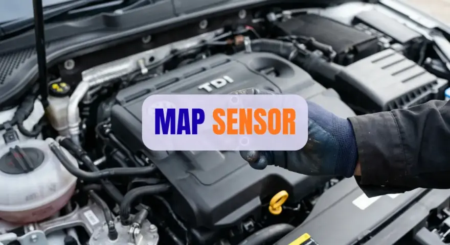 Mechanik w rękawiczce pokazuje czujnik MAP sensor w silniku TDI.