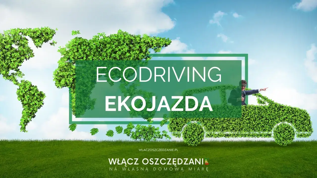 Zielony samoch&oacute;d z ludzikiem w środku symbolizuje ekonomiczna jazda samochodem. Mapa świata z liści i hasło 