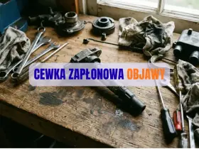 Warsztat samochodowy z narzędziami i częściami. Na blacie leży cewka zapłonowa, a obok klucze i śrubokręty. Tekst: "CEWKA ZAPŁONOWA OBJAWY".