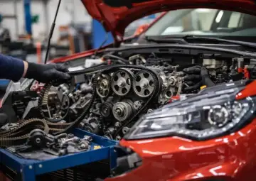 Mechanik w czarnych rękawiczkach dokonuje wymiany łańcucha rozrządu w czerwonym samochodzie.