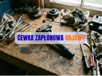 Warsztat samochodowy z narzędziami i częściami. Na blacie leży cewka zapłonowa, a obok klucze i śrubokręty. Tekst: "CEWKA ZAPŁONOWA OBJAWY".